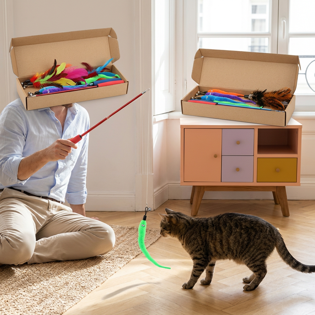 Man guiding a green worm lure with the red wand during supervised cat play