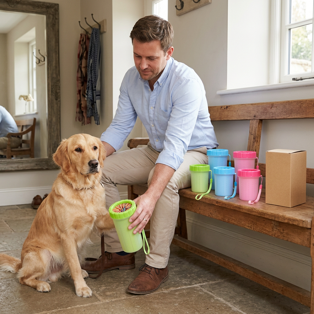 Man introducing green paw washing cup beside a calm dog in a bright entryway