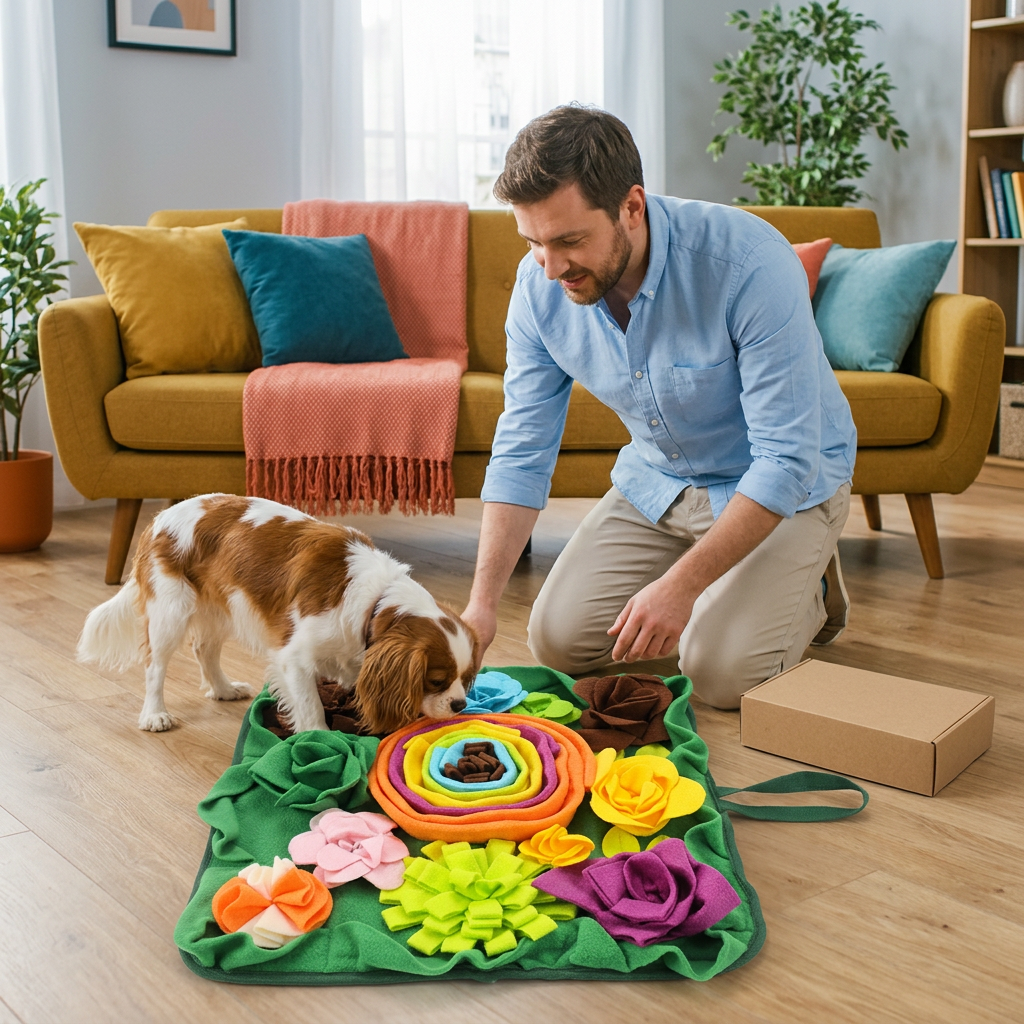 Man supervising a dog searching a rainbow flower snuffle mat in a bright apartment