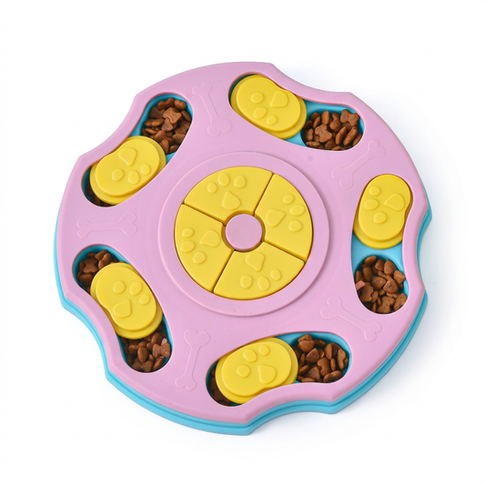 Pink yellow and turquoise dog puzzle slow feeder on a white background