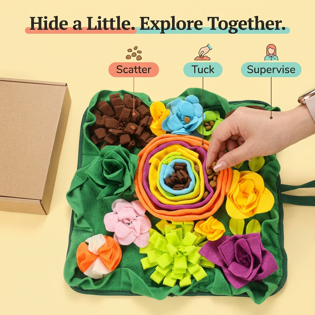 How to place small dry food pieces in snuffle mat folds