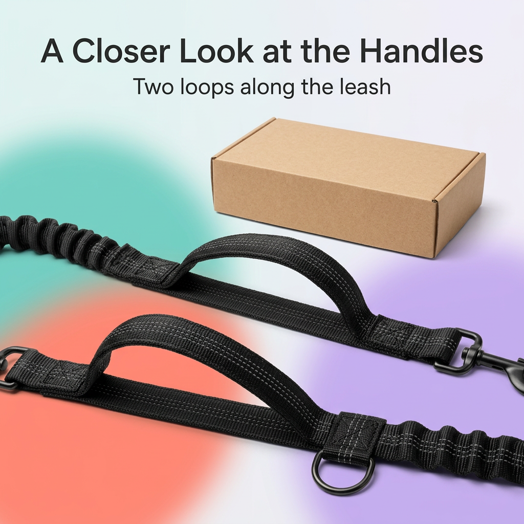 Black pet leash dual loop handles and stitching close-up
