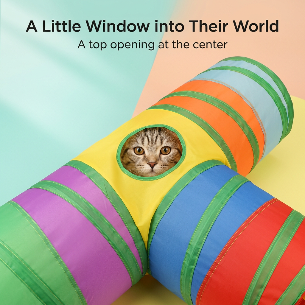 Cat peeking through circular top opening in yellow central panel