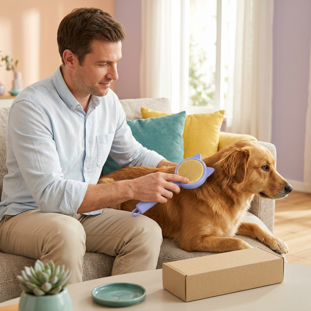 Man gently grooming a dog with lavender one-press hair-release brush