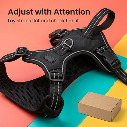 Black dog harness adjustable webbing and buckle detail