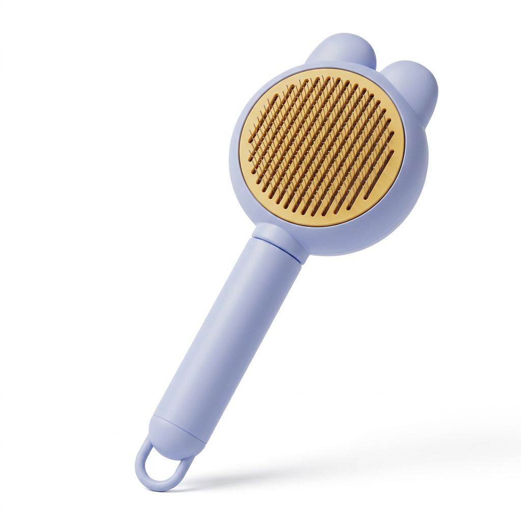 Single lavender cat-ear pet brush with yellow pin face on white background
