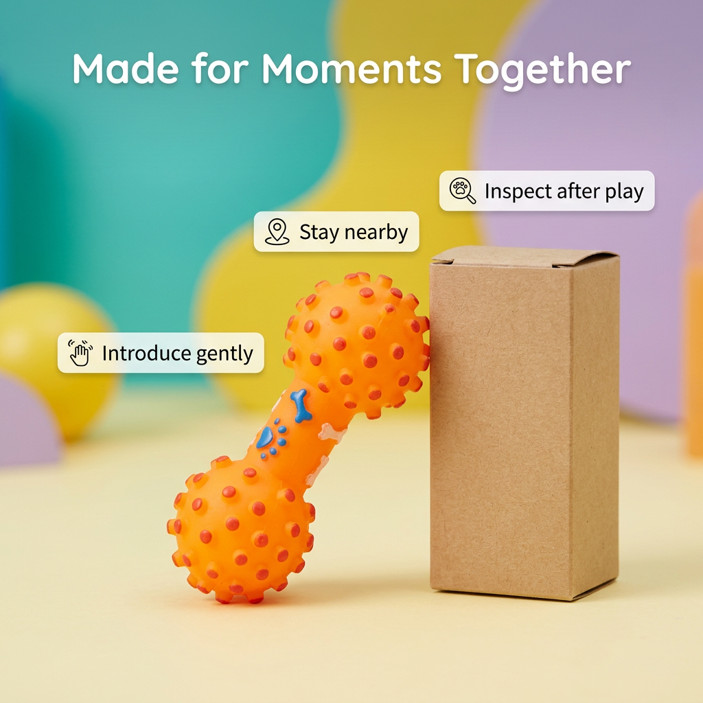 Orange squeaky dog toy sizing diagram marked 11 by 4 centimeters