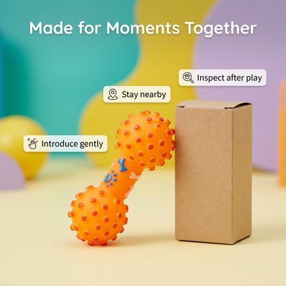 Orange squeaky dog toy sizing diagram marked 11 by 4 centimeters