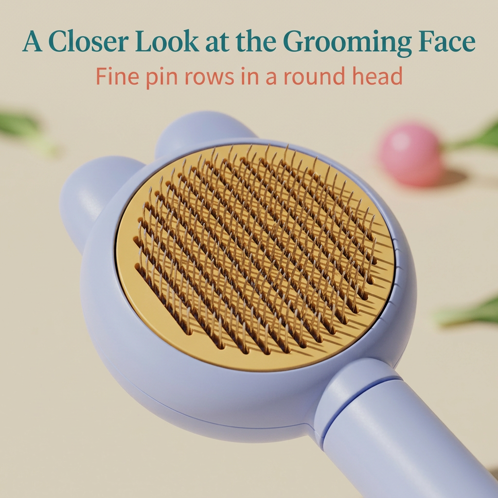 Fine pin rows in circular yellow face of lavender cat-ear brush
