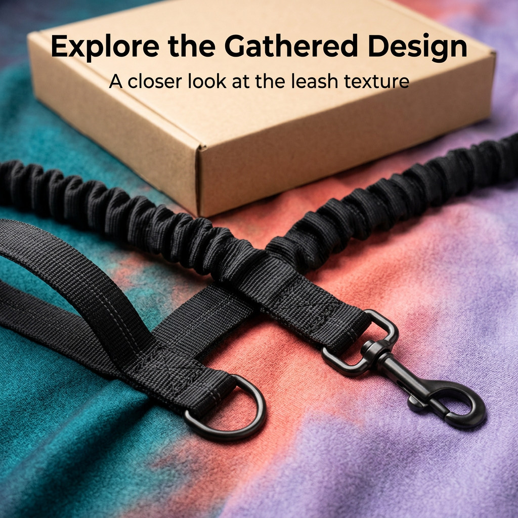 Close-up of black pet leash gathered sections and webbing with plain kraft packaging
