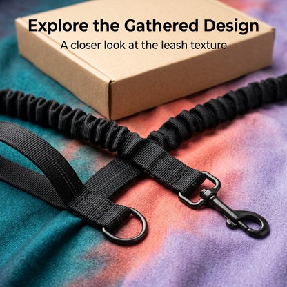 Close-up of black pet leash gathered sections and webbing with plain kraft packaging