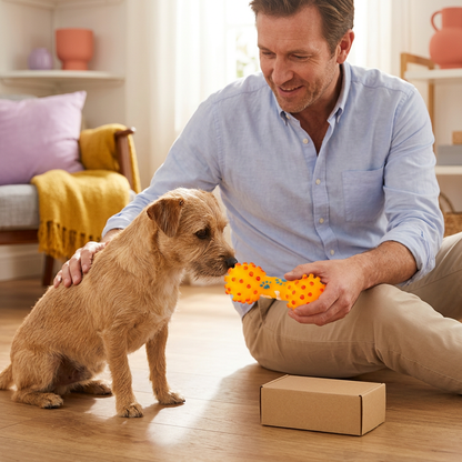 Man gently introducing orange dumbbell squeaky toy to a small dog at home