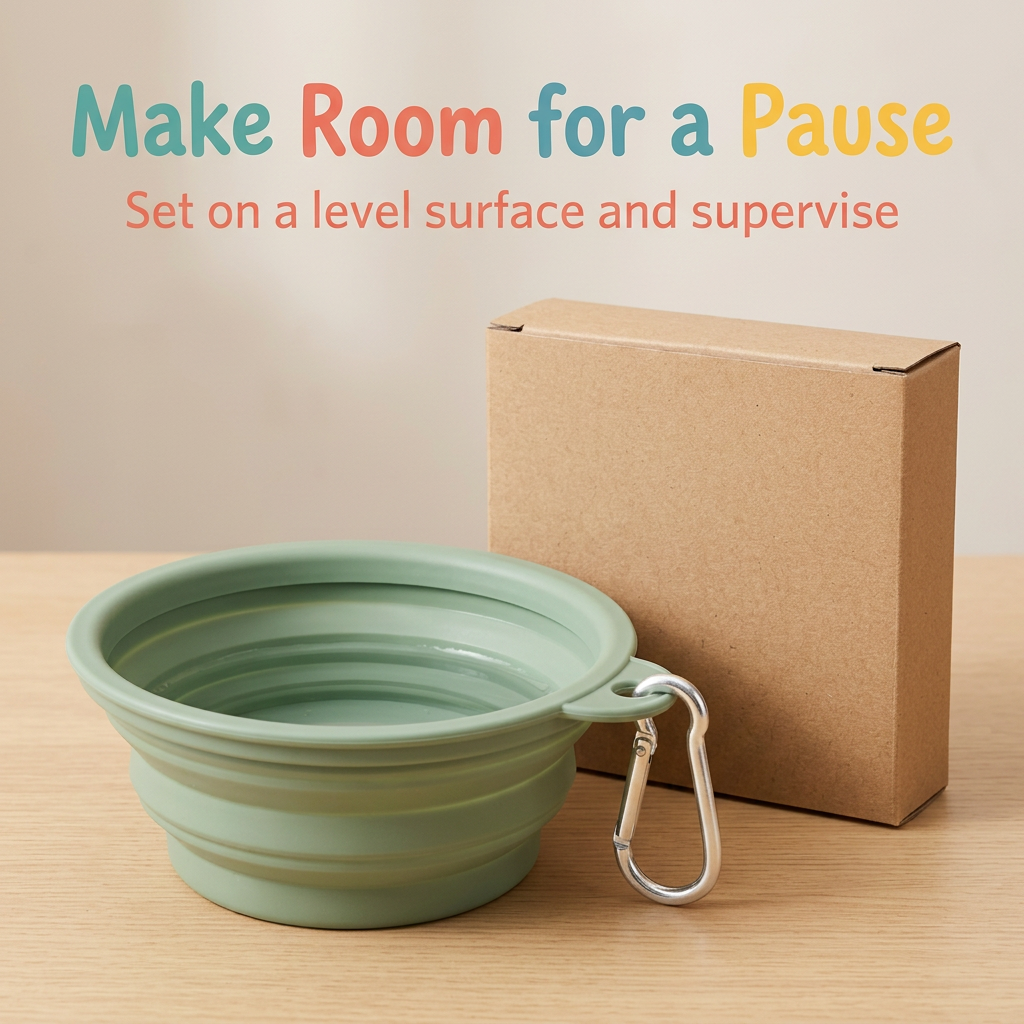 Expanded sage green pet bowl with water on a level surface