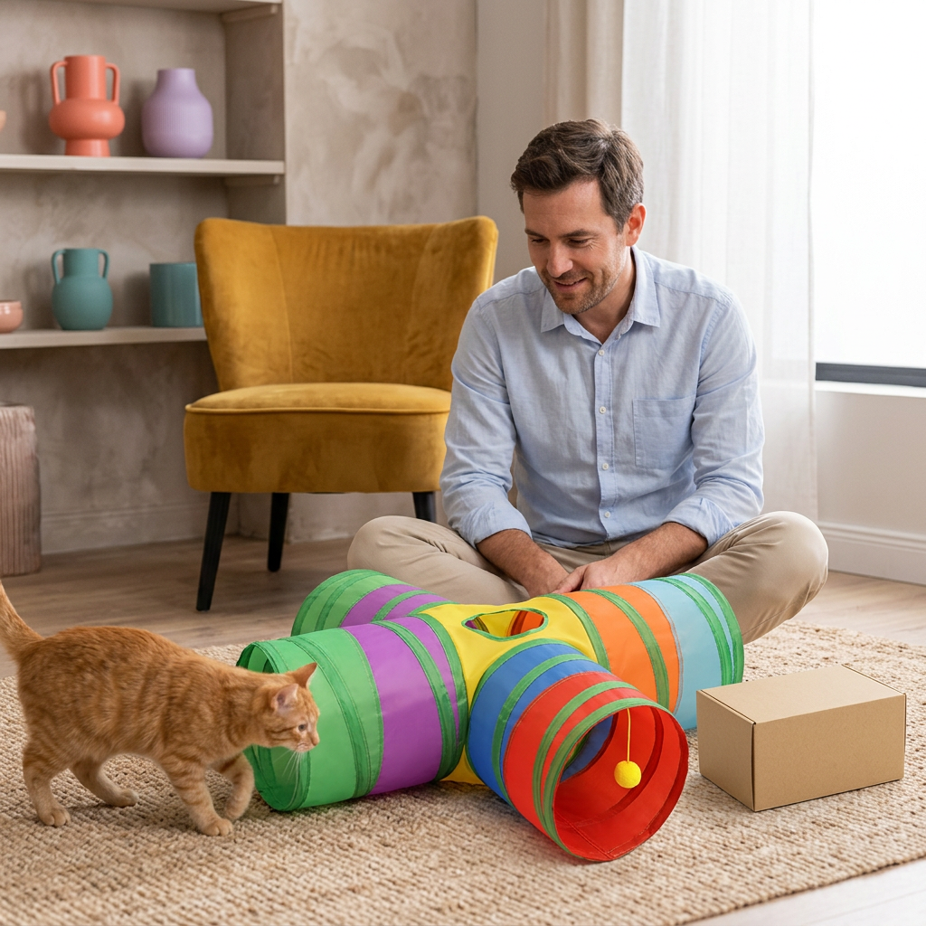 Man supervising a cat approaching the green tunnel entrance at home