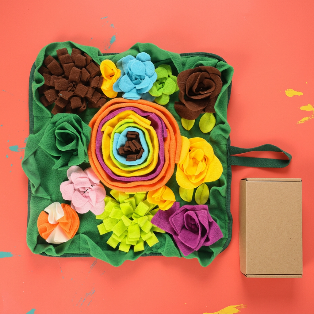 Green floral snuffle mat with plain kraft packaging on a colorful background