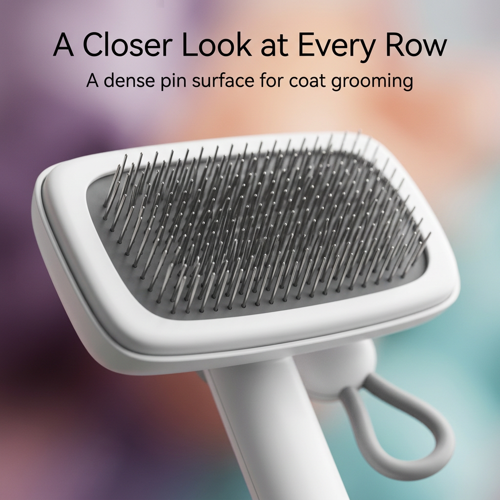 Close-up of dense fine pin rows and white rectangular brush rim
