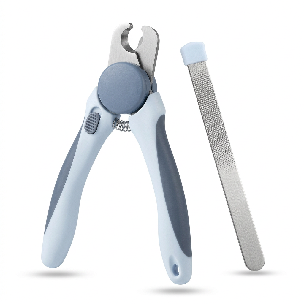 Ice-blue and slate-gray dog nail clipper with matching metal file on white