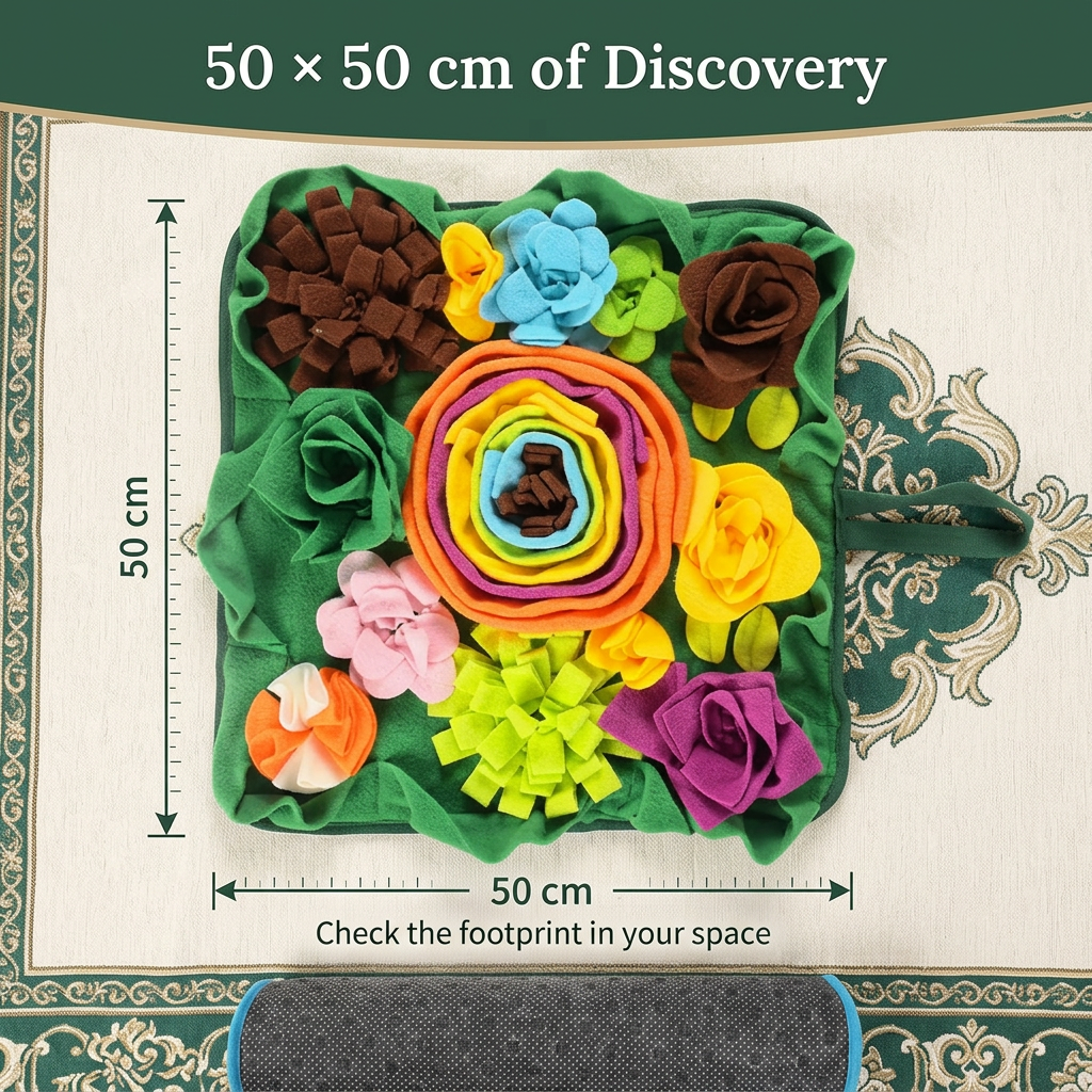 Snuffle mat with 50 by 50 centimeter sizing diagram