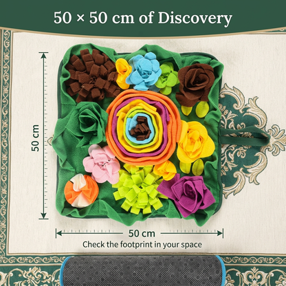 Snuffle mat with 50 by 50 centimeter sizing diagram