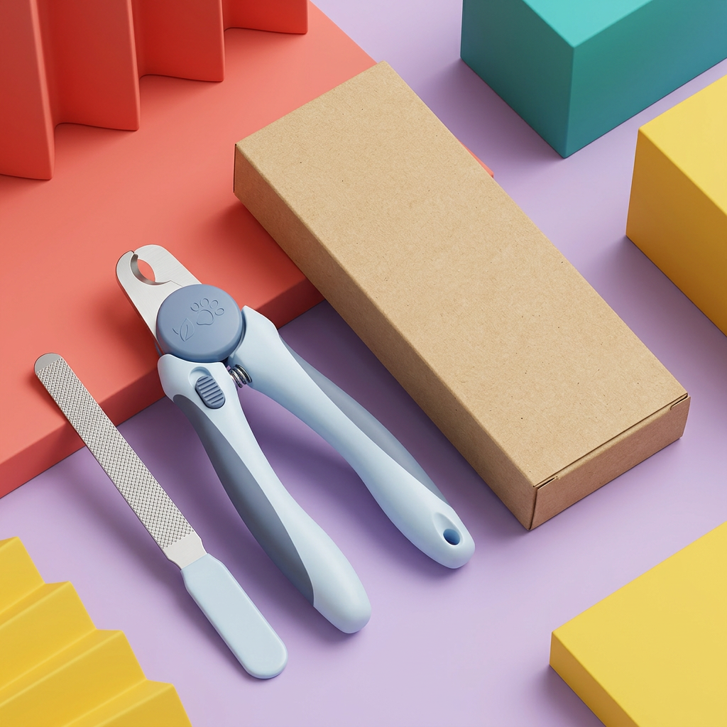 Dog nail clipper and file set with plain kraft packaging on colorful background