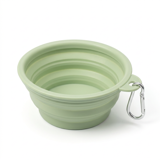 Single expanded sage green collapsible pet bowl with silver clip on white background