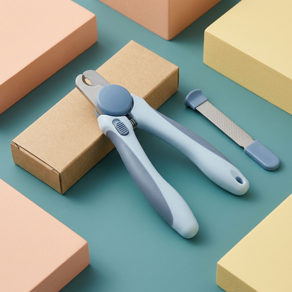 Angled view of two-tone dog nail clipper and matching file