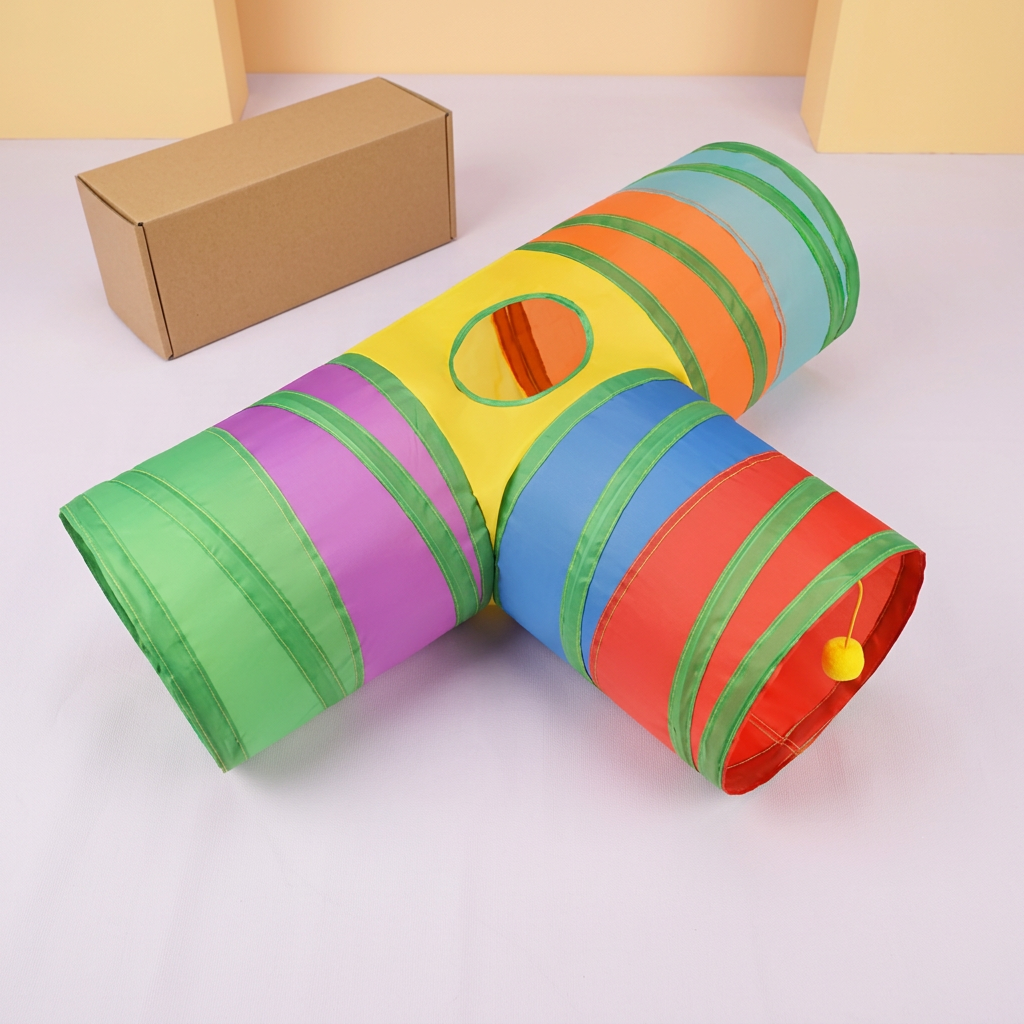 Colorful three-way cat tunnel with plain kraft packaging on lilac floor