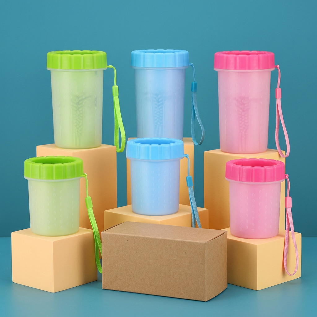 Three-color paw cup set arranged on bright studio blocks