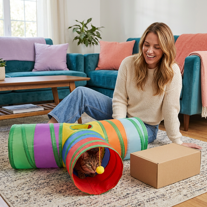 Woman supervising a cat exploring the rainbow three-way tunnel