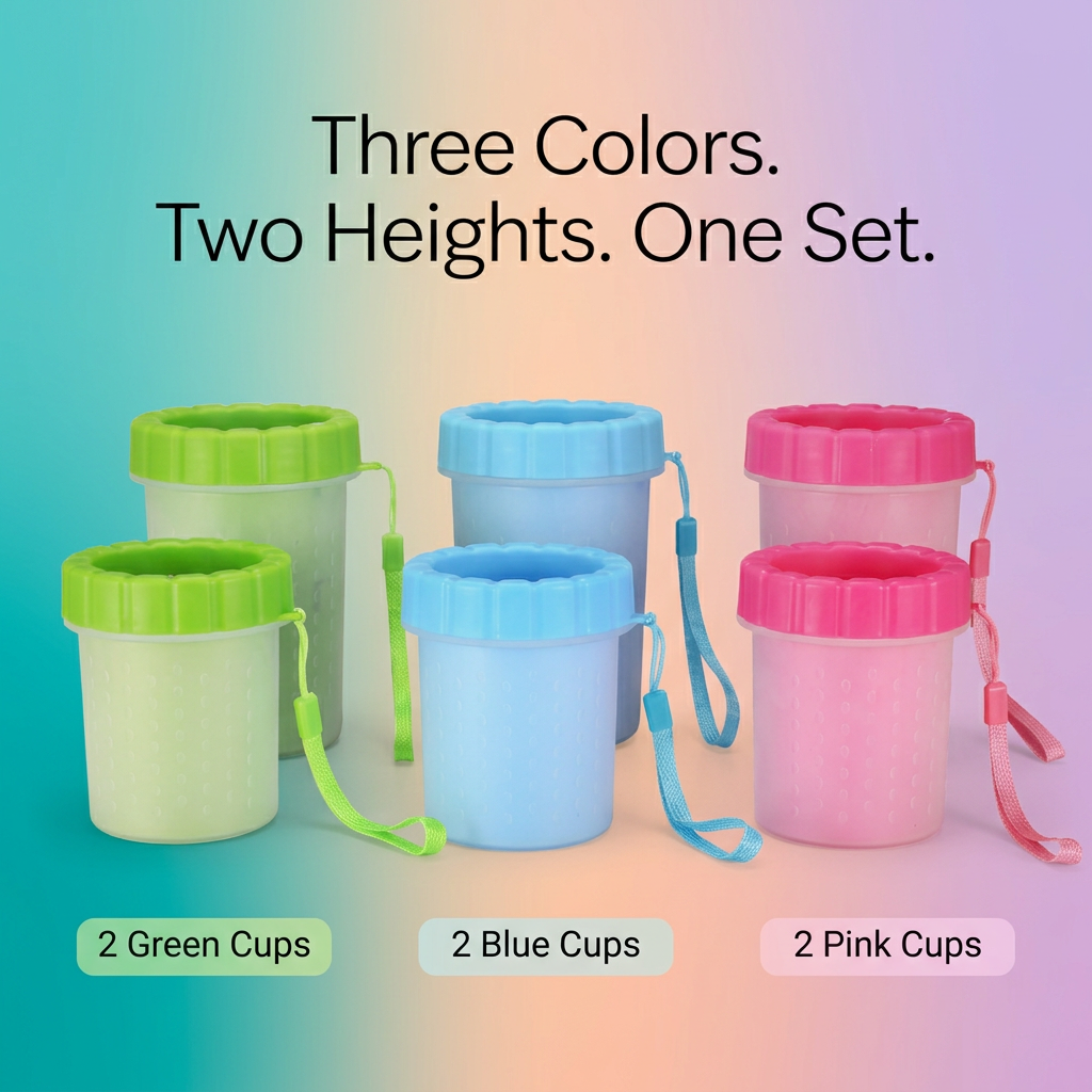 Set overview showing green blue and pink paw cups in two heights