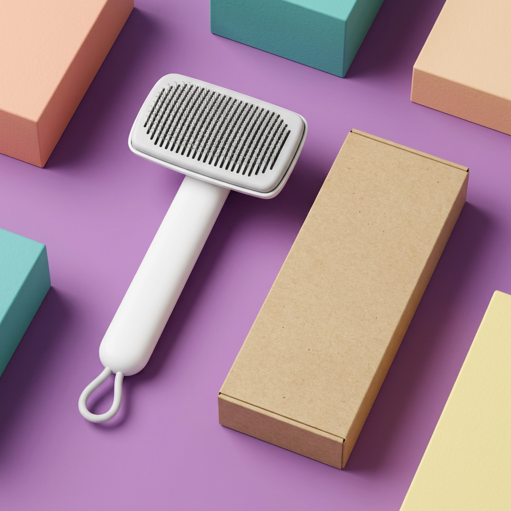 White pet brush with plain kraft packaging on a colorful studio background