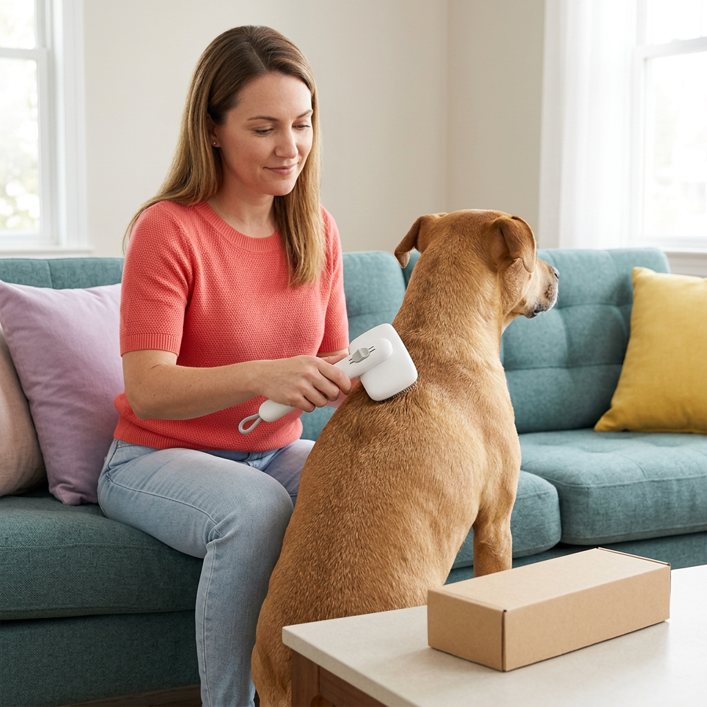 Woman gently grooming a dog with the white pet slicker brush