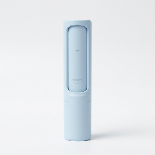 Single pastel blue pet hair lint remover on white background