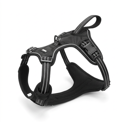 Single black dog harness with top loop handle and contrast stitching on white background