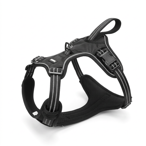 Single black dog harness with top loop handle and contrast stitching on white background