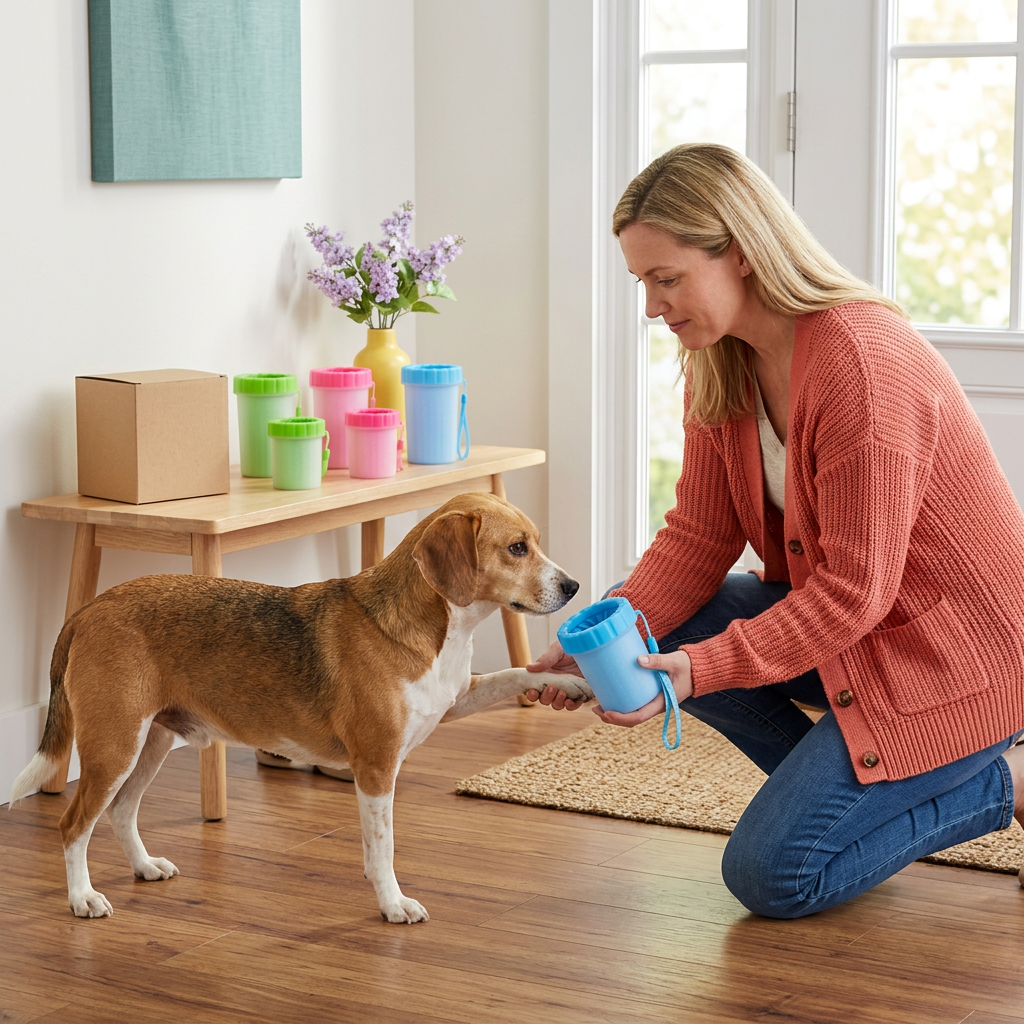 Woman gently introducing blue paw washing cup to a dog after a walk