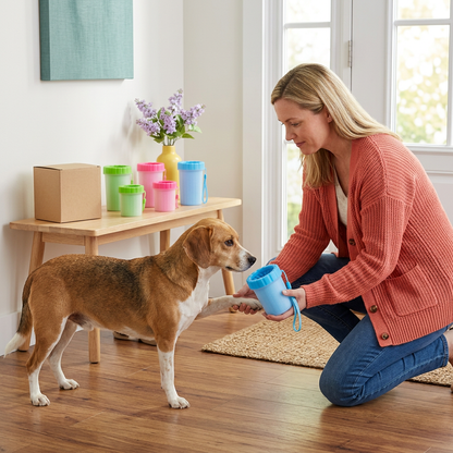 Woman gently introducing blue paw washing cup to a dog after a walk