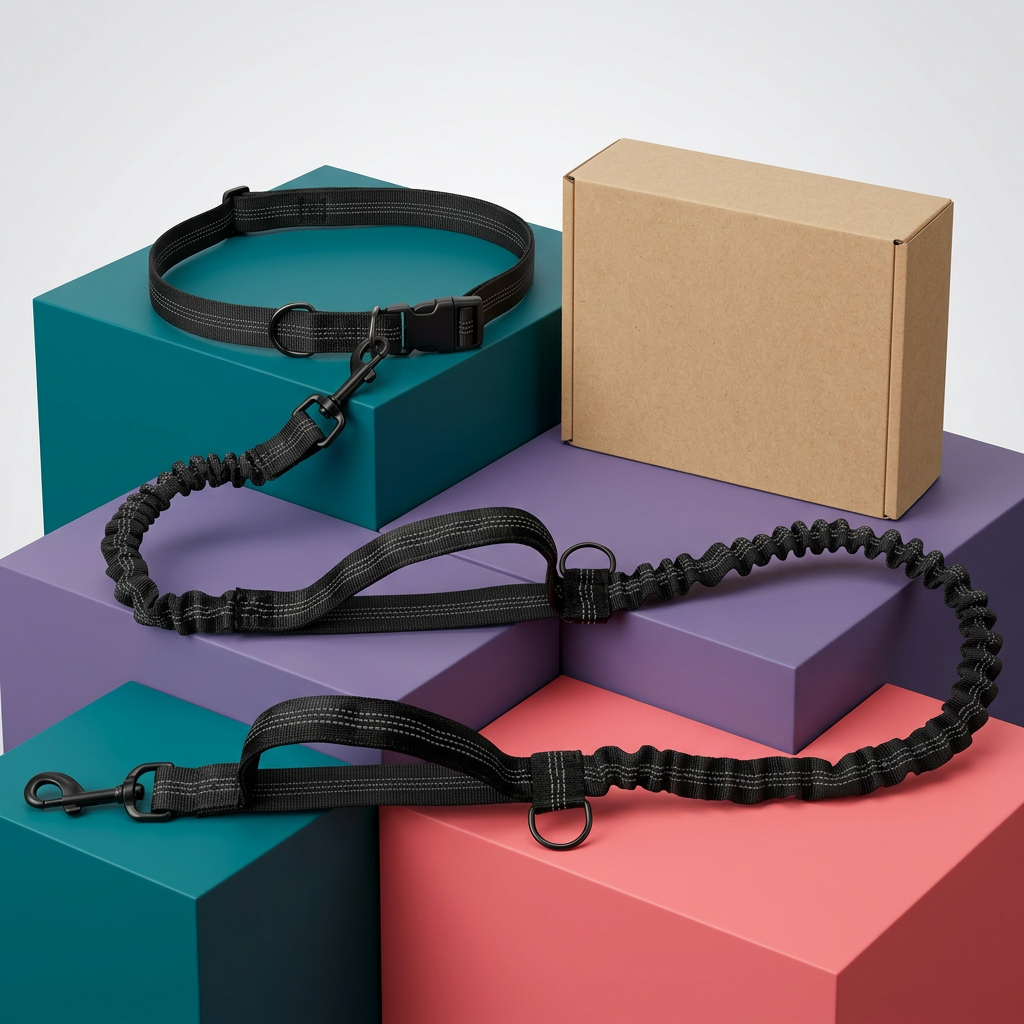 Black leash and belt set displayed on colorful studio plinths with unprinted kraft box