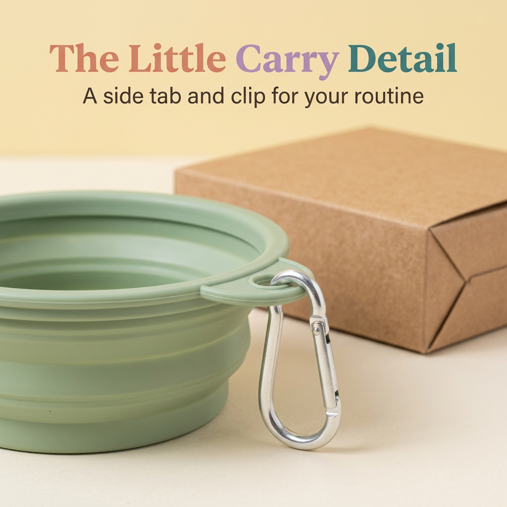 Sage green pet bowl side attachment tab and silver carry clip detail