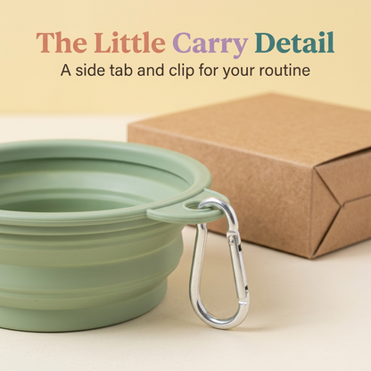 Sage green pet bowl side attachment tab and silver carry clip detail