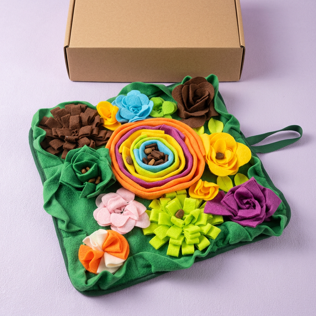 Angled view of rainbow flower snuffle mat and unbranded packaging