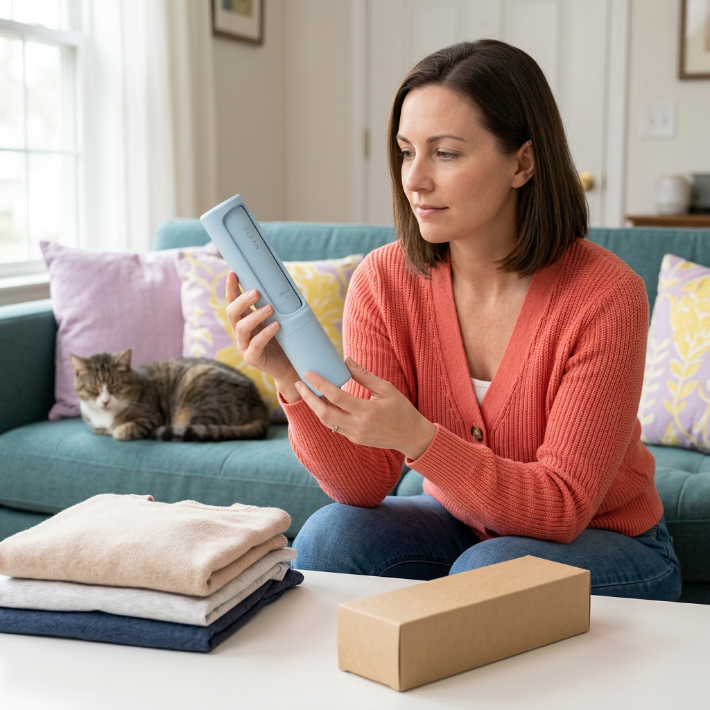 Woman holding blue lint remover beside clothing in a pet-friendly home
