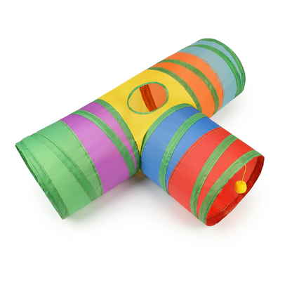 Rainbow T-shaped three-way cat tunnel on a white background