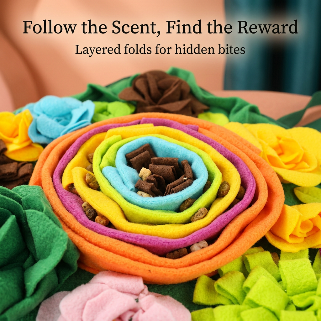 Layered rainbow center with hidden dry food between fabric petals