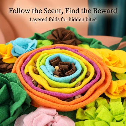 Layered rainbow center with hidden dry food between fabric petals