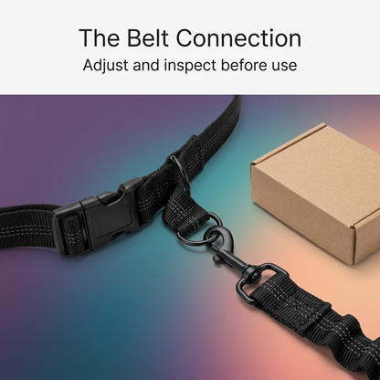Black pet leash adjustable belt and connector detail