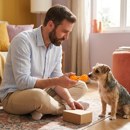 Woman supervising a small dog investigating the orange squeaky dumbbell toy