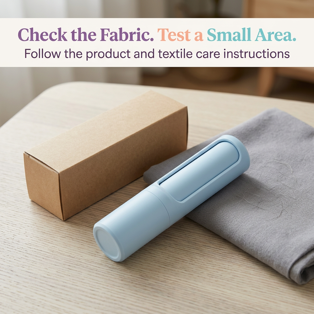 Fabric compatibility reminder beside blue lint remover and plain kraft box
