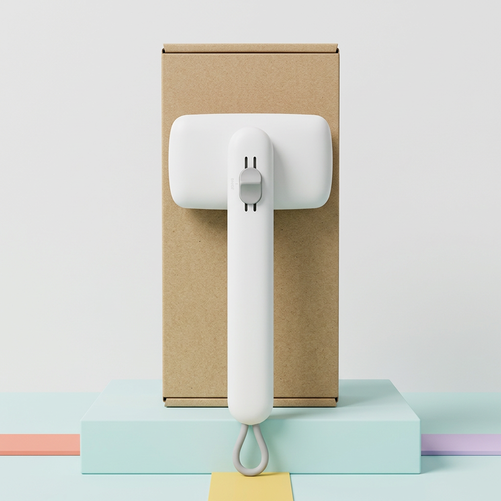 Rear view of white grooming brush and matching logo-free packaging