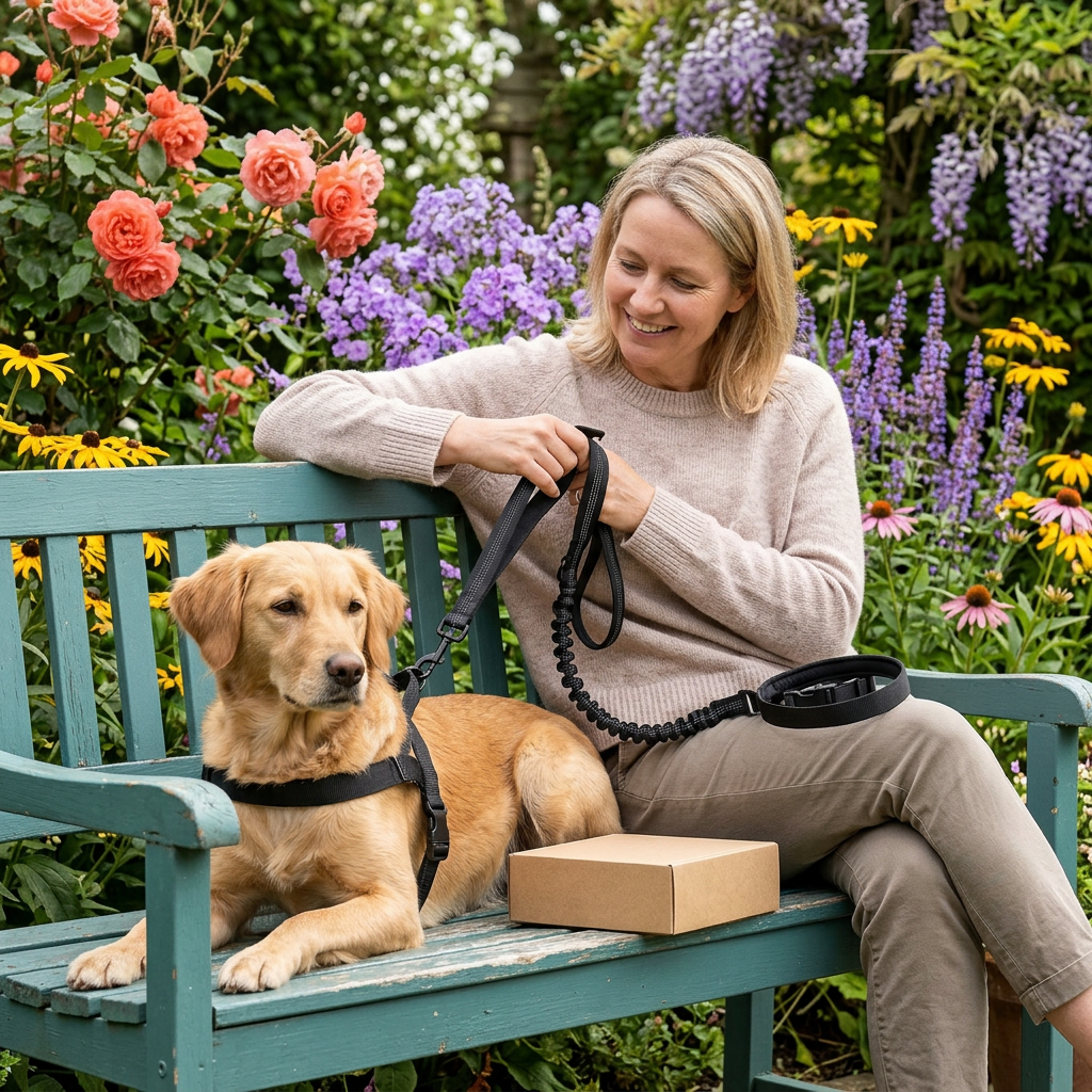 Western adult woman with dog and black pet leash in a colorful garden setting